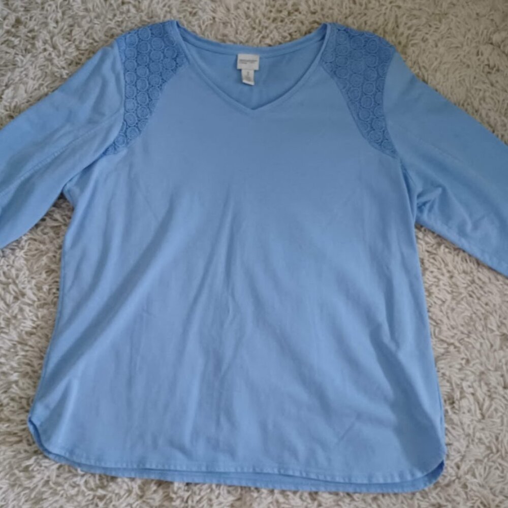 Chico’s Light Blue Lace Accent V-Neck Top